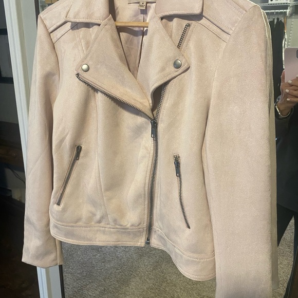 Jackets & Blazers - Cute pink suede- like biker style jacket. 20" long. Hand washable